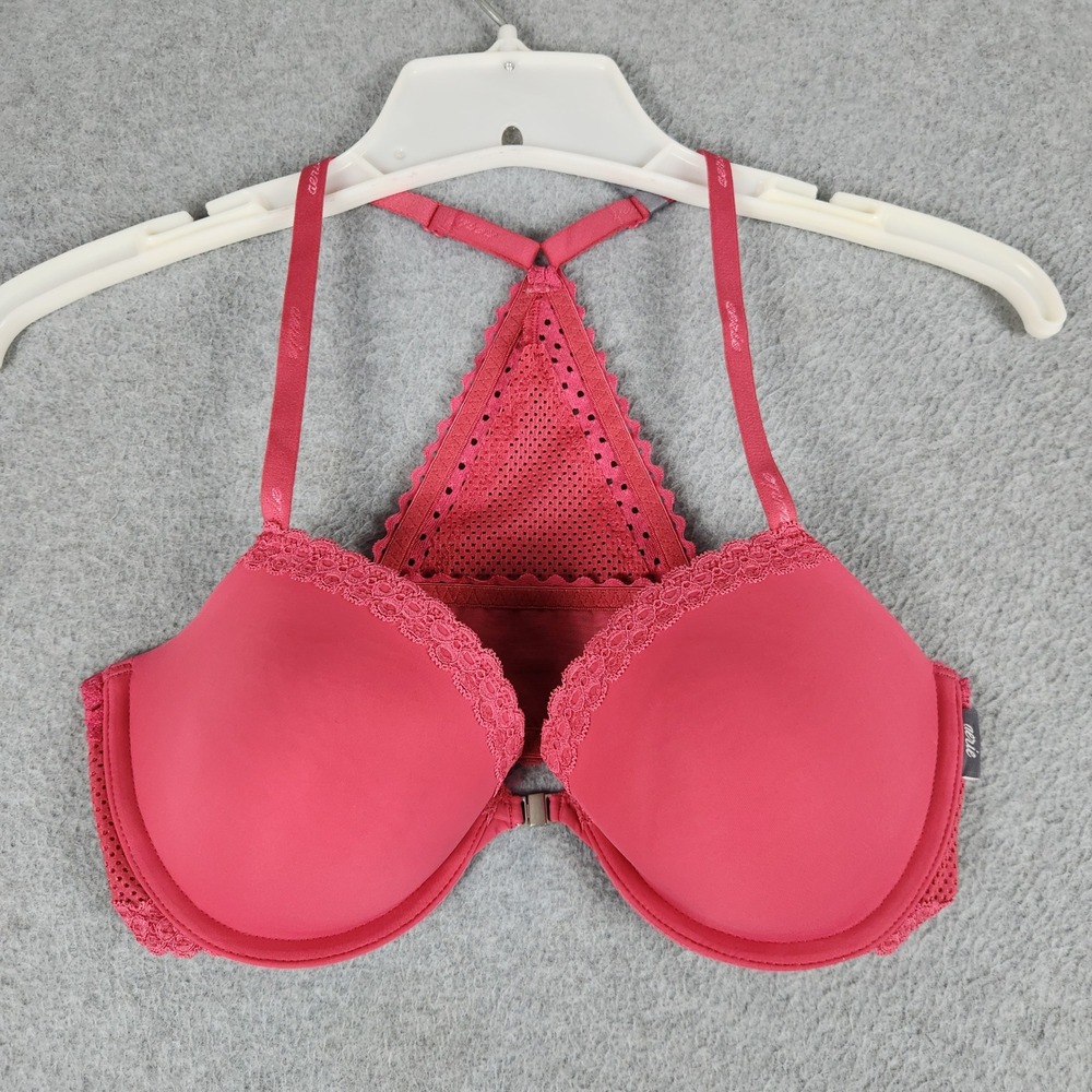 Aerie Blakely Front Push Bra Womens 34C Pink Nylon Racerback Demi Lace Trim